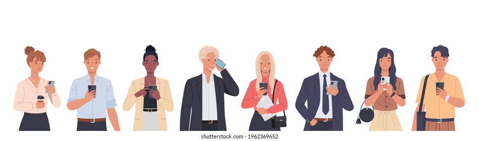 Diverse Happy People Using Mobile Phone Set. Business Men And Women Holding Smartphone For Technology Or Internet Communication Concept. Vector Illustration In A Flat Style