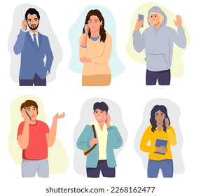 Diverse happy people using mobile phone set. Men, women and students holding smartphone for technology or internet communication concept. Characters collection. Flat Cartoon Vector Illustration.  