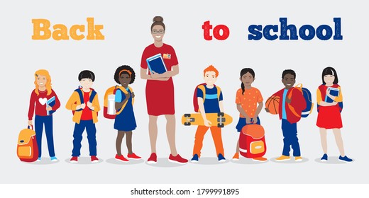 Diverse happy schoolchildren stand together with female teacher, back to school vector concept. Dark skin, asian, redhead cheerful classmates with bags, skateboard, basketball, books Isolated on white