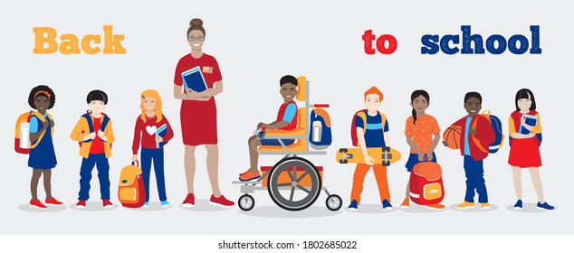 Diverse Happy Schoolchildren, Teacher Stand Together, Back To School Inclusion Vector Concept. Dark Skin, Asian, Redhead Classmates With Bags, Wheelchair Skateboard, Basketball Books Isolated On White