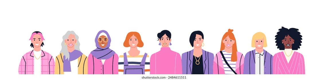 Diverse happy woman people group on isolated white background. All women team, modern flat cartoon crowd. Multi-ethnic girls smiling team dressed in pink. 