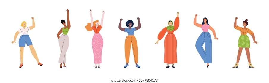 Diverse, happy women standing together, smiling warmly while raising their fists in celebration. A flat vector illustration representing diversity, unity, and inclusion.Accelerate action, IWD 2025.