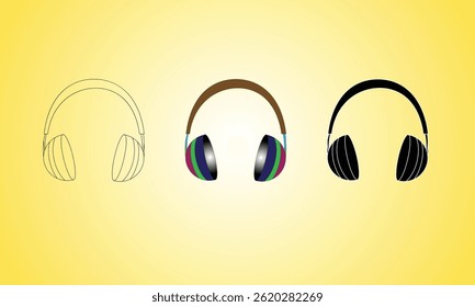 Diverse headphone illustrations displayed in a sequence showcasing variations in design shades and details against a gradient yellow backdrop. Perfect for themes of sound, music, and technology