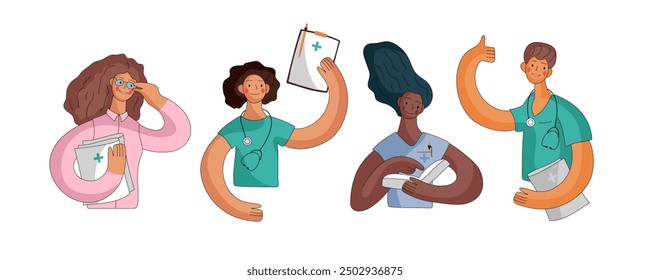 Diversos profesionales de la salud que participan en diversas tareas en un estilo vibrante e ilustrado