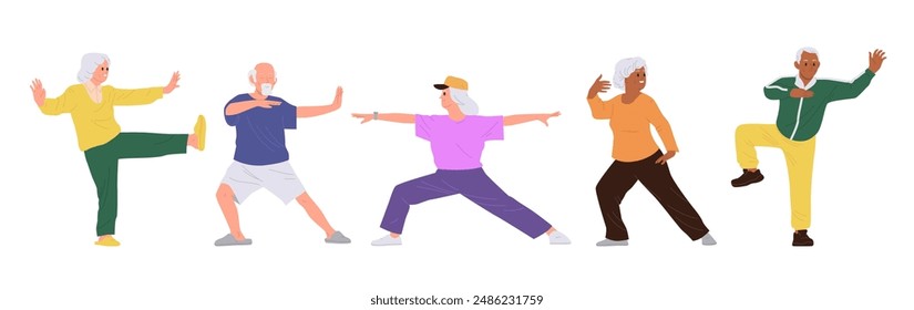 Diversos ancianos activos sanos practicando tai chi mañana ejercicio chino conjunto aislado