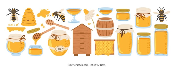 Diverse honey products and bees in an illustrated layout showcasing sweetness and nature