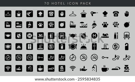 A diverse hotel icon pack featuring 70 icons. Includes symbols for amenities, services, and facilities. Perfect for hotel, travel, and hospitality designs. User interface icon vector set.
