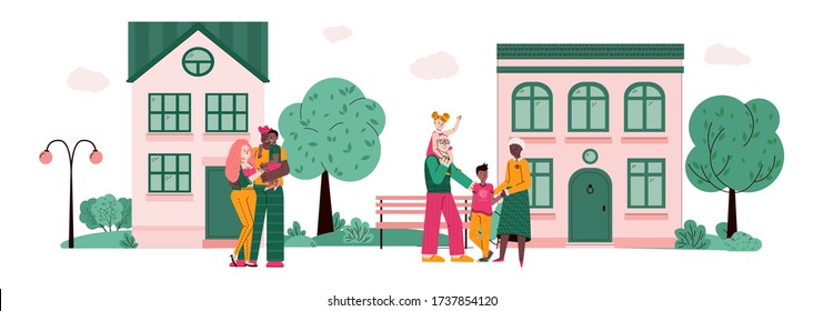 Diverse hugging families stand near houses, cartoon vector illustration isolated.