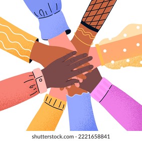 Diverse human hands concept. Teamwork metaphor, partnership and cooperation, collaboration. Characters working on common project. Unity and tolerance, respect. Cartoon flat vector illustration