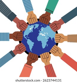 diverse human hands of different skin tones forming a circle around the Earth