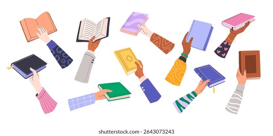 Mãos humanas diversas segurando vários livros. Pessoas com livros didáticos, enciclopédias ou romances. Ilustrações isoladas para feiras de livros, educação, troca de livros, dia da biblioteca e temas de volta para a escola.