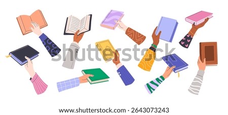 Diverse human hands holding various books. Persons with textbooks, encyclopedias or novels. Isolated illustrations for book fairs, education, book exchange, library day, and back to school themes.