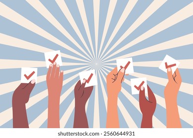 Diverse human hands holding vote ballots. Voting and elections concept. Illustration in flat style