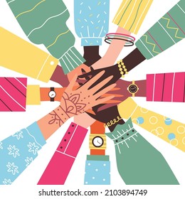 Unas manos humanas diversas, una ilustración vectorial plana aislada sobre fondo blanco. Banner con las manos unidas para el concepto de diversidad y trabajo en equipo.