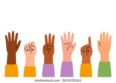 Diverse human hands raised with different finger gestures and skin tones showing inclusivity