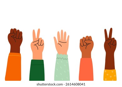 Diverse human hands raised with different finger gestures and skin tones showing inclusivity