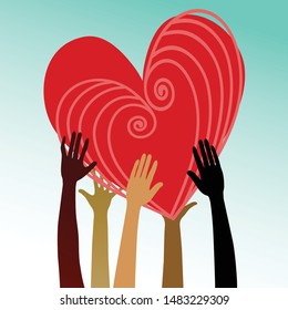 Diverse Human Hands Reaching And Holding Heart 