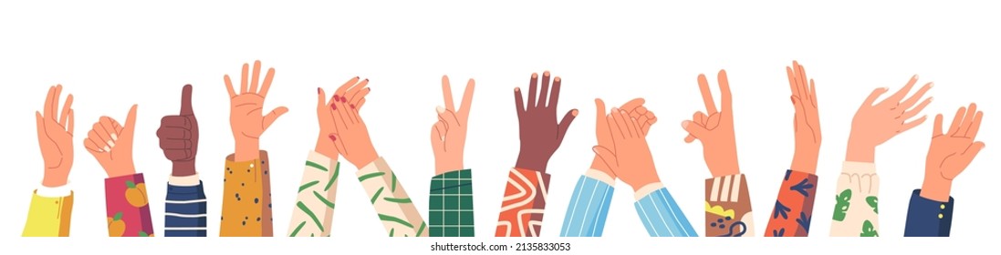 Diverse Human Hands Row Show Different Gestures, Male Female Characters Arms Gesturing, Expressing Emotions with Palms and Fingers Clap, Thumb Up, Victory, Waving. Cartoon People Vector Illustration