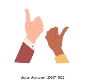 Diverse human hands with thumb up. Positive like and OK gesture, expressing satisfaction, agreement and approval. Good feedback concept. Flat vector illustration isolated on white background