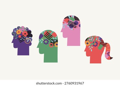 Diverse human heads with different patterns. Neurodiversity concept showing mental health and unique brain functions. Individuality, personality, human identity. Vector cartoon isolated illustration