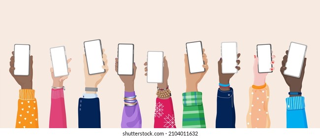 Diverse Human Male And Female  Hands Holding Phones With Empty Screens Mock Up, Social Network Communication On Mobile App, Flat Vector Illustration. Multinational Group, Digital  Online Lifestyle