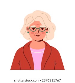 Diverso concepto de retrato humano. Vieja con chaqueta roja. Sénior con ropa informal. Avatar de una usuaria de medios sociales. Dibujo vectorial plano de dibujos animados aislado en fondo blanco