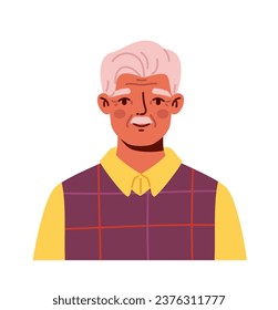 Diverso concepto de retrato humano. Hombre mayor con chaqueta violeta. Sénior con ropa informal. Avatar de usuario masculino para redes sociales. Dibujo vectorial plano de dibujos animados aislado en fondo blanco