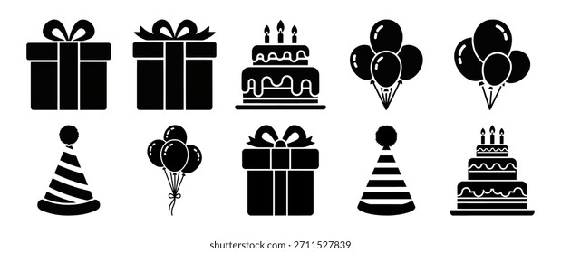 Diverse icon collections solid filled set of birthday celebration items gift box cake with candles balloons hat.