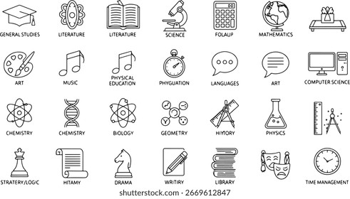 Diverse Icon Set Exploring Subjects like Literature, Science, and More, Perfect for Educational Design