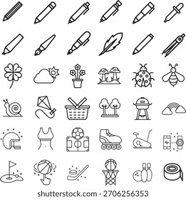 Diverse Icon Set Representing Nature Sports and Everyday Objects in Line Art.