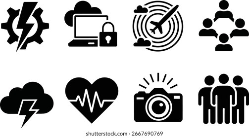 Diverse Icon Set Representing Technology Health Communication and Photography Concepts for Modern Design Applications