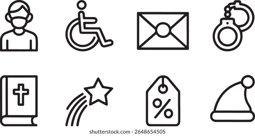 Diverse Icon Set Representing Various Concepts Accessibility, Communication, Justice, Spirituality, Celebration, Commerce, and Personal Identity