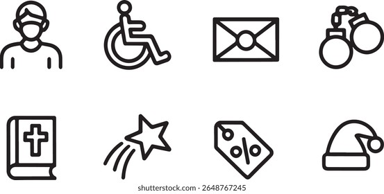 Conjunto de Ícones Diversos Representando Vários Conceitos, Incluindo Deficiência, Espiritualidade, Comunicação, Aplicação da Lei, Celebração e Comércio