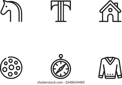 Diverse Iconography A Symbolic Collection Representing Animals, Text, Shelter, Nature, Direction and Apparel in Simple Black and White Sketches