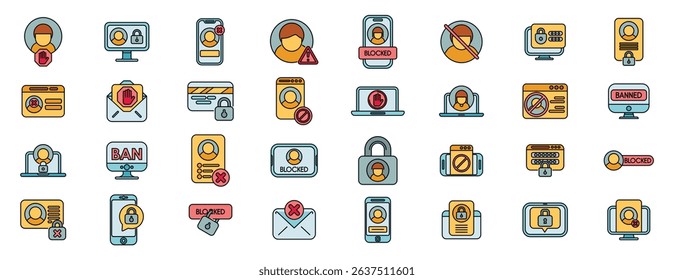 Diverse icons representing blocked users, emphasizing online security, access denial, and account restrictions across various platforms
