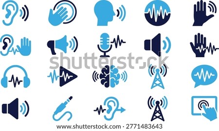 Diverse icons representing sound waves, ears, audio devices, and communication signals.