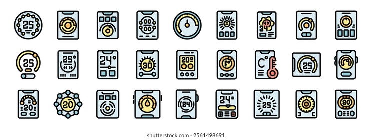 Diverse icons representing temperature regulation and monitoring interfaces, ideal for projects related to climate control, smart homes, and thermostats