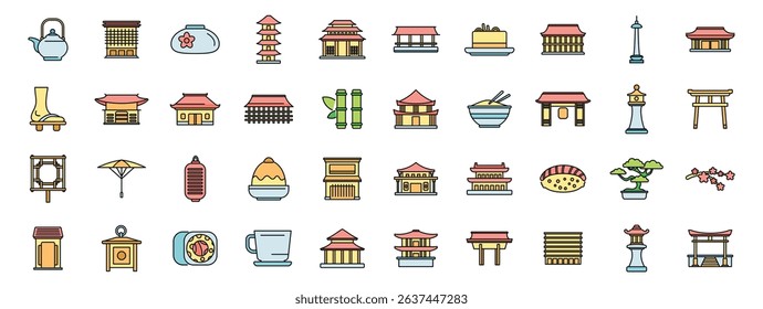 Diverse icons showcasing japanese culture, from tea ceremonies and pagodas to sushi and bonsai, capturing the essence of japan