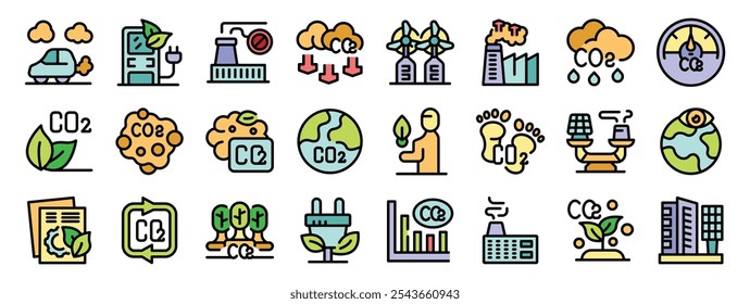 Diverse icons showcasing strategies and initiatives for reducing carbon dioxide emissions and promoting environmental sustainability