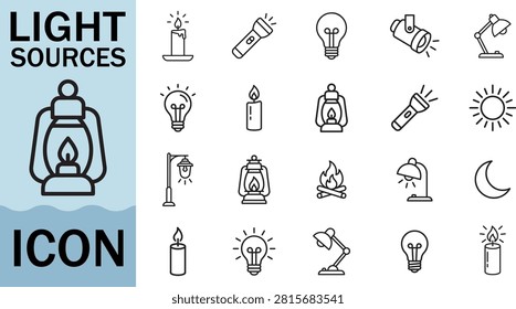 Diverse illumination icon collection with sun moon candle bulb flashlight and street lamp symbols.