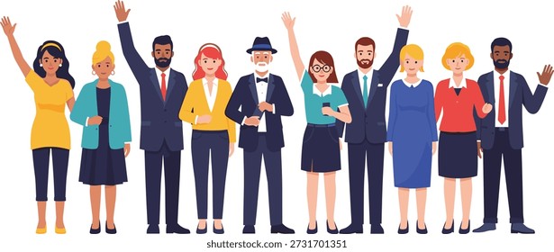 Diverso ilustrado pessoas vetor com roupas casuais e formais, gestos acenando, comunidade inclusiva e conceito de interação social