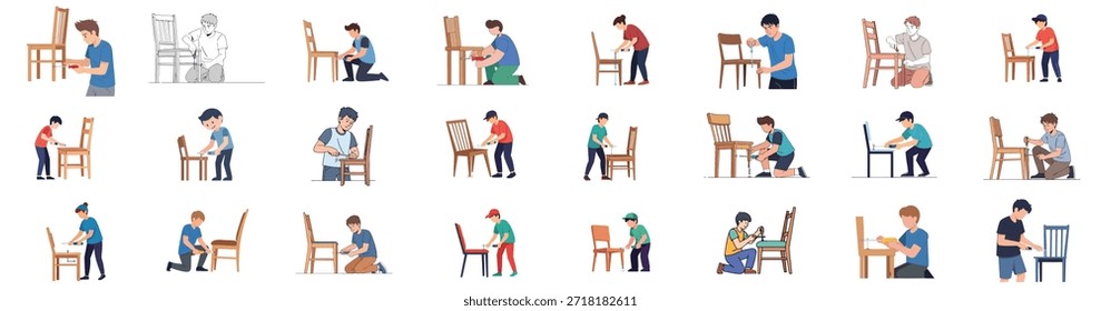 Diverse Illustrations of People Assembling, Fixing, and Maintaining Wooden Chairs with Screwdrivers, Symbolizing DIY Furniture Repair and Home Improvement.