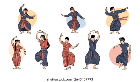 Diverse Illustrations Of Traditional Dancers In Various Postures And Colorful Ethnic Outfits