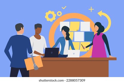 Diverse and inclusive business team working on project together. Caucasian and Muslim women, Black man, person with prosthetic arm flat vector illustration. Teamwork, inclusion, diversity concept