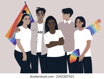 A diverse and inclusive LGBTQIA environment is depicted as a group of young characters adorned with rainbow accessories, embracing each other warmly