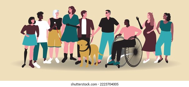 Diverse inclusive people, flat vector stock illustration with wheelchair disability, person with prosthesis, visually impaired with guide dog, hearing impaired disabled person