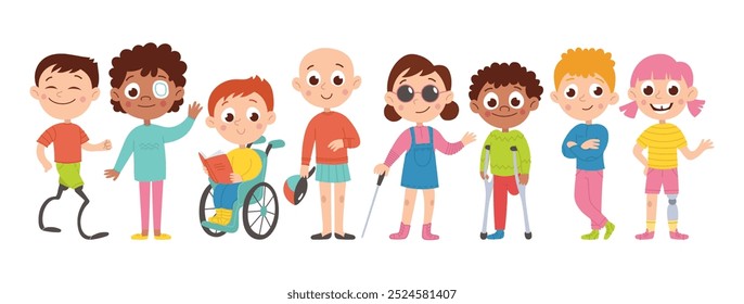 Diverse inclusive set of children. Cute disabled children. Girls and boys with bionic prostheses, wheelchair, crutches. Vector cartoon flat illustration