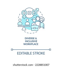 Diverse and inclusive workplace turquoise concept icon. Decent job practice abstract idea thin line illustration. Isolated outline drawing. Editable stroke. Arial, Myriad Pro-Bold fonts used