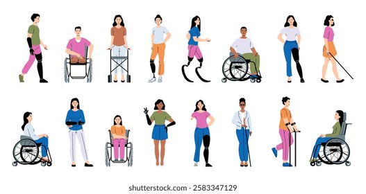 Diverse individuals with disabilities using wheelchairs, prosthetics, crutches and canes. Independence and adaptive lifestyles. Flat vector illustration.