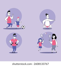 Diverse individuals engaged in various fitness activities, including soccer and badminton. Enthusiasm for sports, healthy lifestyle concept